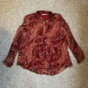 Soft Surroundings 1X Blouse Tunic Button Top Shirt Paisley Red Sheer Boho Lined